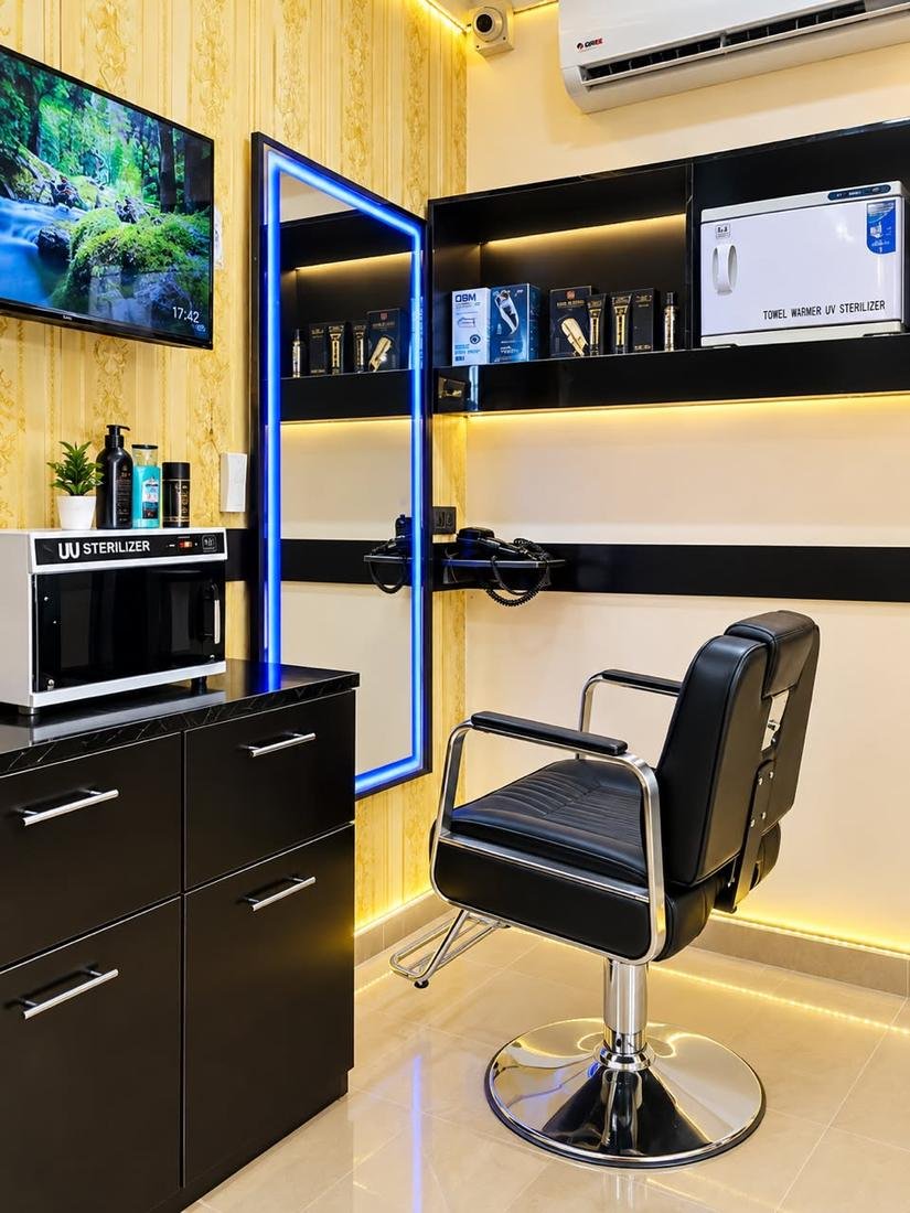 Barbing chair with lit mirror and sterilizers